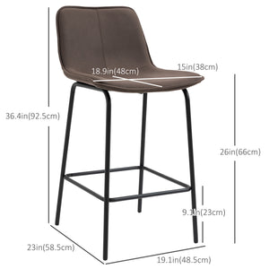 Set of 2 padded bar stools with steel legs, coffee color