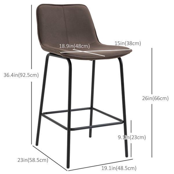 Set of 2 padded bar stools with steel legs, coffee color