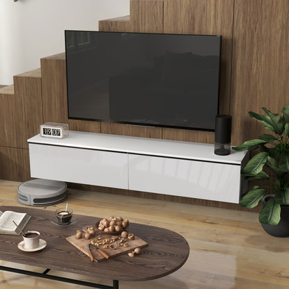 Meuble TV mural flottant pour téléviseurs jusqu'à 70 pouces avec rangement, effet brillant, blan