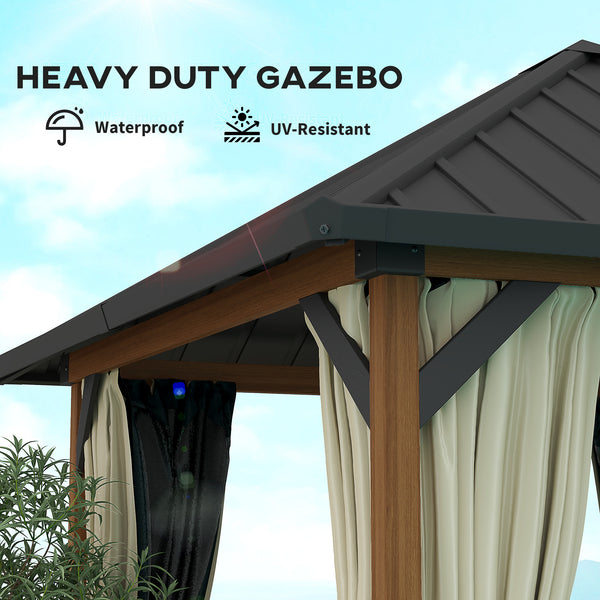 10' x 10' Hardtop Gazebo with Galvanized Steel Roof, Permanent Garden Gazebo with Netting and Curtains