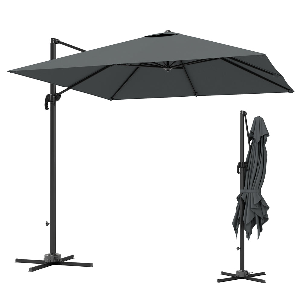 Parasol déporté en aluminium de 2,4 m avec rotation à 360°, base croisée, manivelle et inclinaison, gris foncé