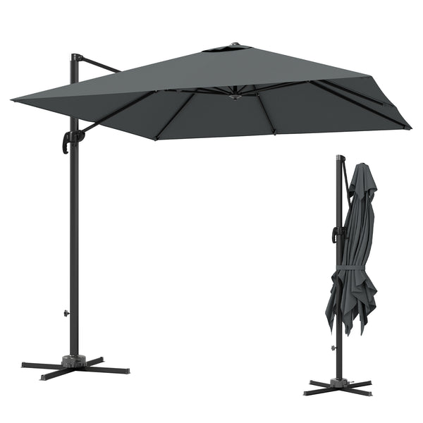 Parasol déporté en aluminium de 2,4 m avec rotation à 360°, base croisée, manivelle et inclinaison, gris foncé