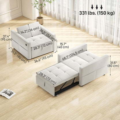 Fauteuils-lits avec port USB, dossier réglable en velours, blanc crème