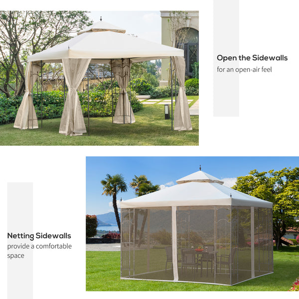 Gazebo 10 x 10 en acier avec rideaux en maille amovibles, étagères et structure en acier, beige