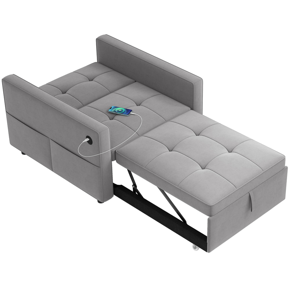 Fauteuil convertible en lit avec port USB, dossier réglable, en velours, gris
