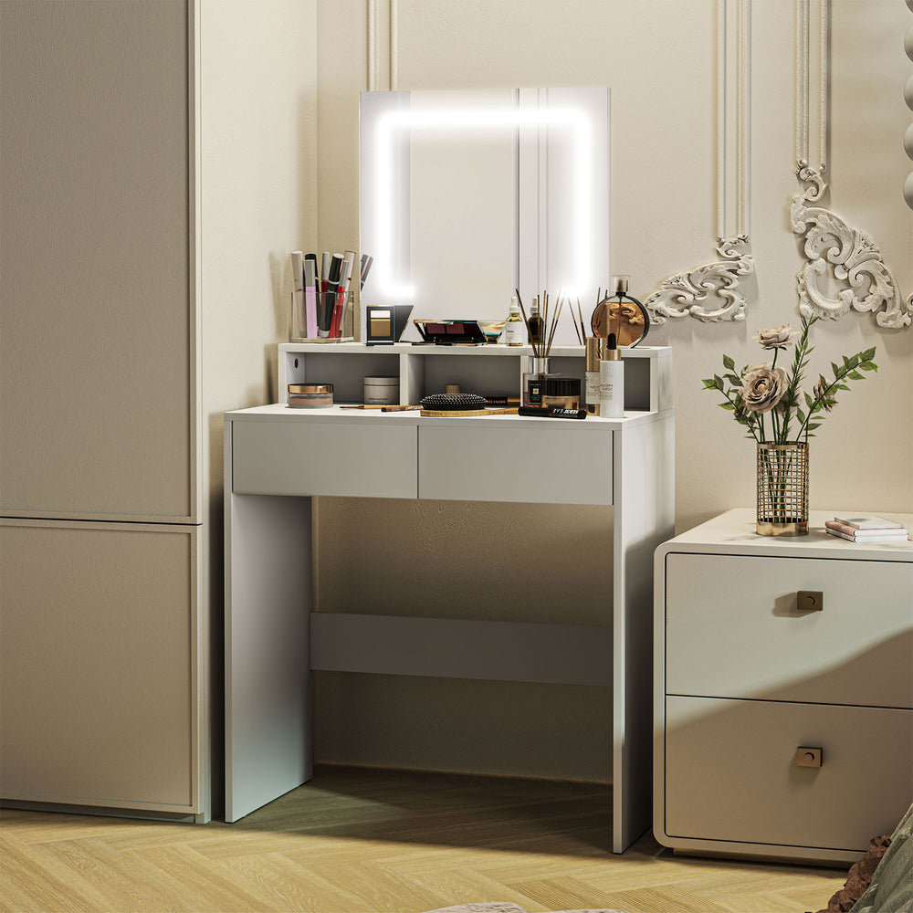 Coiffeuse avec miroir et éclairage LED, blanche