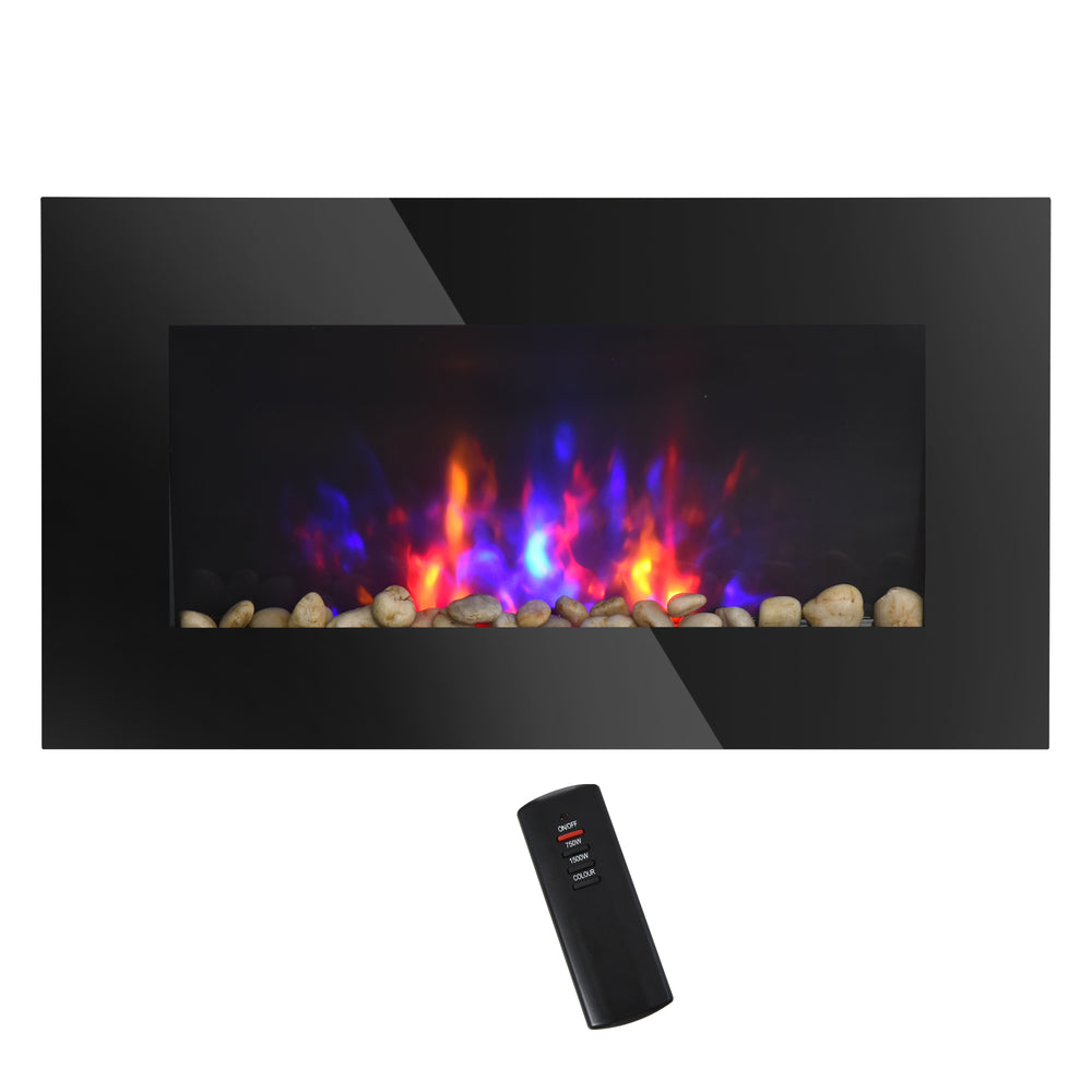 Cheminée murale de 72 cm avec effet flamme LED breveté et 7 couleurs, noir