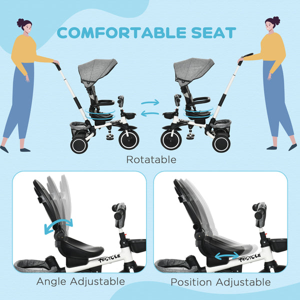 Tricycle 6 en 1 pour tout-petits de 12 à 50 mois, pliable, avec siège réglable, harnais de sécurité, auvent amovible, repose-pieds, gris