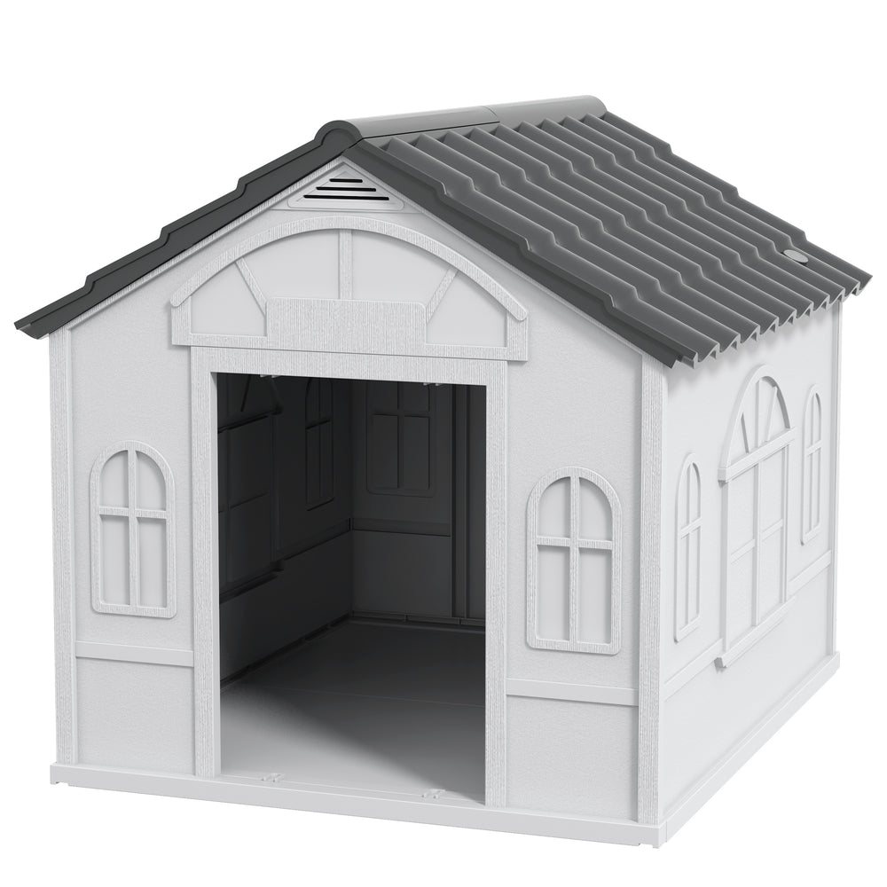 Outdoor plastic kennel with vents, grey