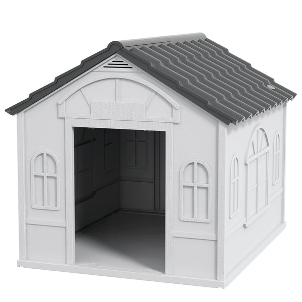 Outdoor plastic kennel with vents, grey