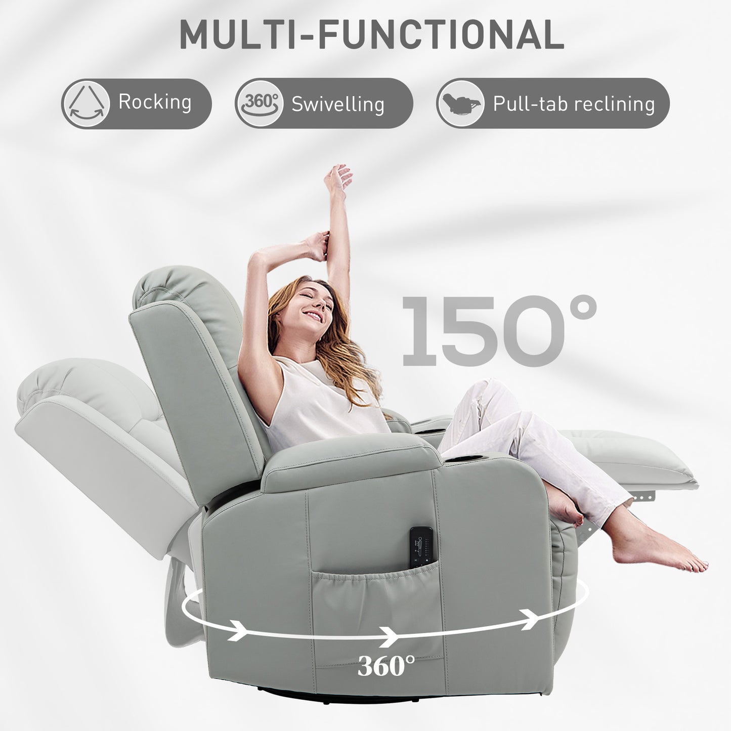 Fauteuil inclinable avec 8 vibrations, fauteuil inclinable rembourré en cuir PU avec assise large, porte-gobelets, bascule, gris clair