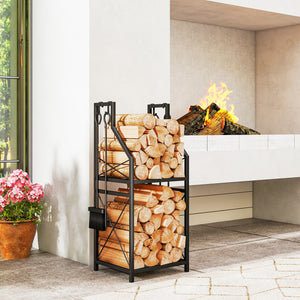Support à bois de chauffage à 2 niveaux avec 4 outils pour foyer