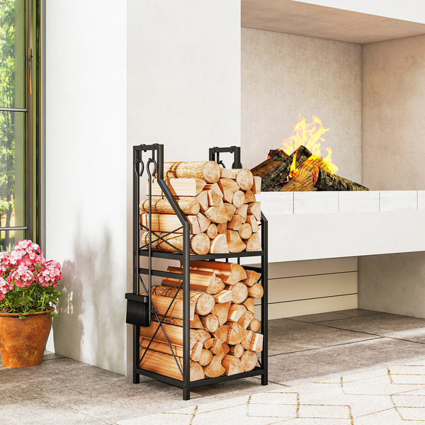 Support à bois de chauffage à 2 niveaux avec 4 outils pour foyer