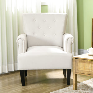 Fauteuil d'appoint en tissu avec pieds en bois et accoudoirs arrondis, blanc crème