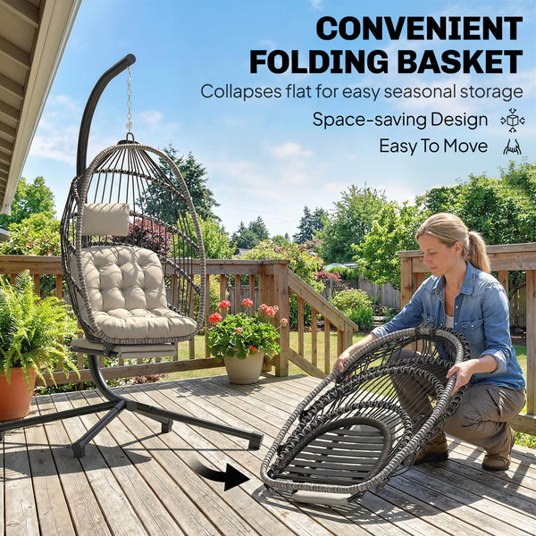 Fauteuil suspendu d'extérieur en forme d'œuf avec repose-pieds rétractable et support en métal gris clair
