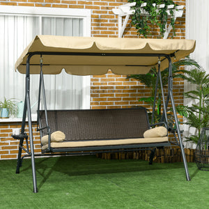 Outdoor 3-Seat Porch Swing with Canopy, Rattan Seat, Removable Cushion, Pillows and Steel Frame