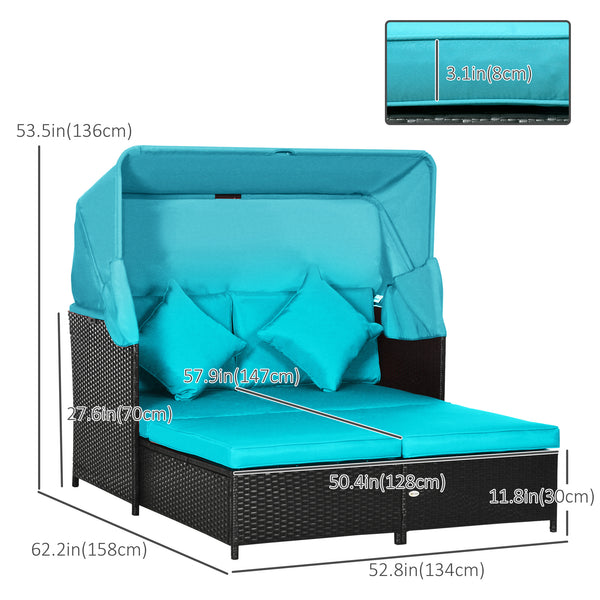 Patio Daybed, Outdoor Wicker Double Daybed, PE Rattan Sun Lounger for 2-Person with Cushions, and Foldable Awning, for Garden, Balcony, Poolside, Green