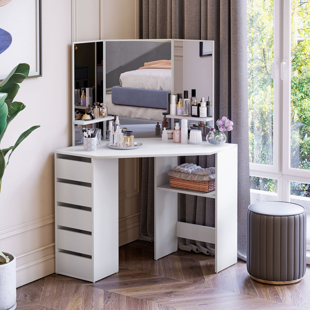 Coiffeuse d'angle avec miroir 3 pièces et 5 tiroirs, blanc