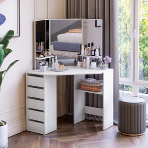 Coiffeuse d'angle avec miroir 3 pièces et 5 tiroirs, blanc