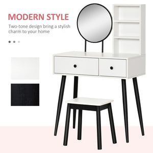 Coiffeuse avec tabouret, tiroirs et étagère, blanc et noir