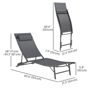 Lot de 2 chaises longues pliantes d'extérieur avec dossier réglable, appui-tête et assise en maille pour la plage et la piscine, gris