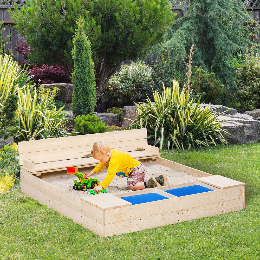 Bac à sable en bois pour enfants avec banquette pliable, 2 bacs en plastique et revêtement de fond.