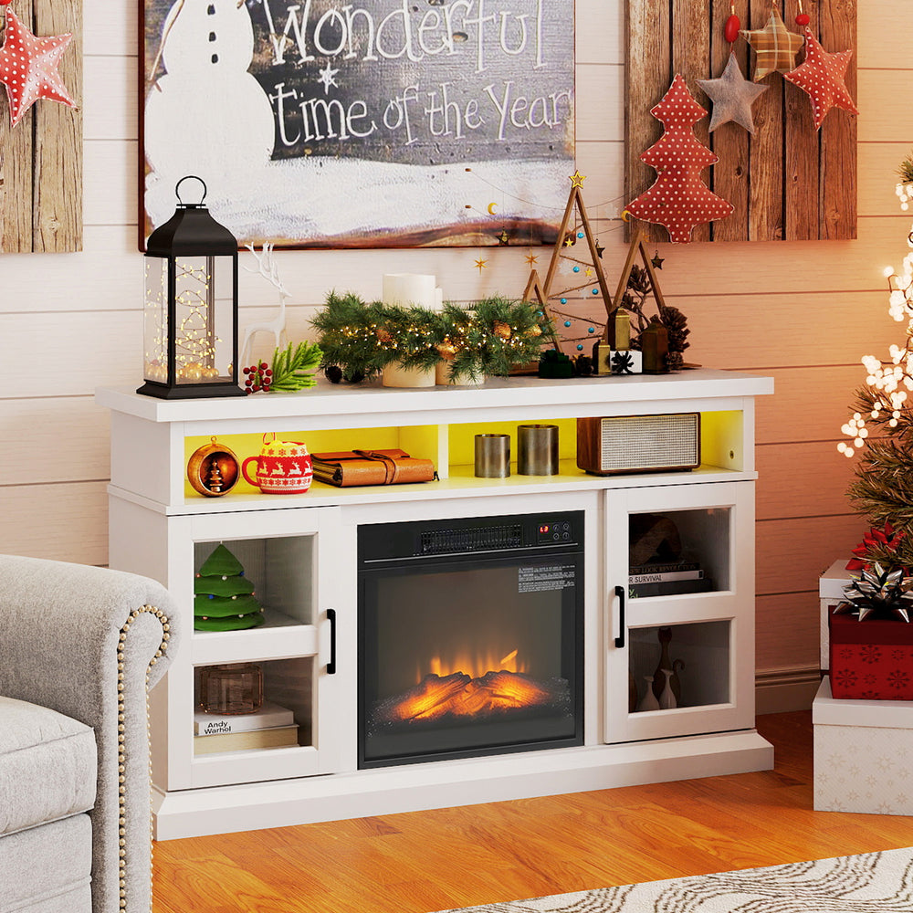 TV stand with integrated fireplace, compatible with TVs up to 55 inches, white