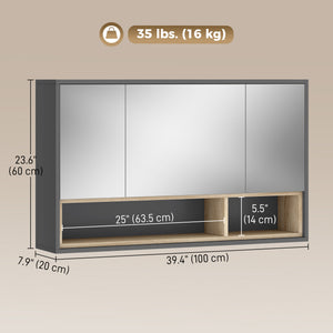 Armoire murale de salle de bain avec miroir et 8 compartiments de rangement, gris