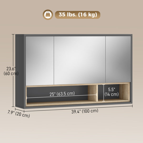 Armoire murale de salle de bain avec miroir et 8 compartiments de rangement, gris