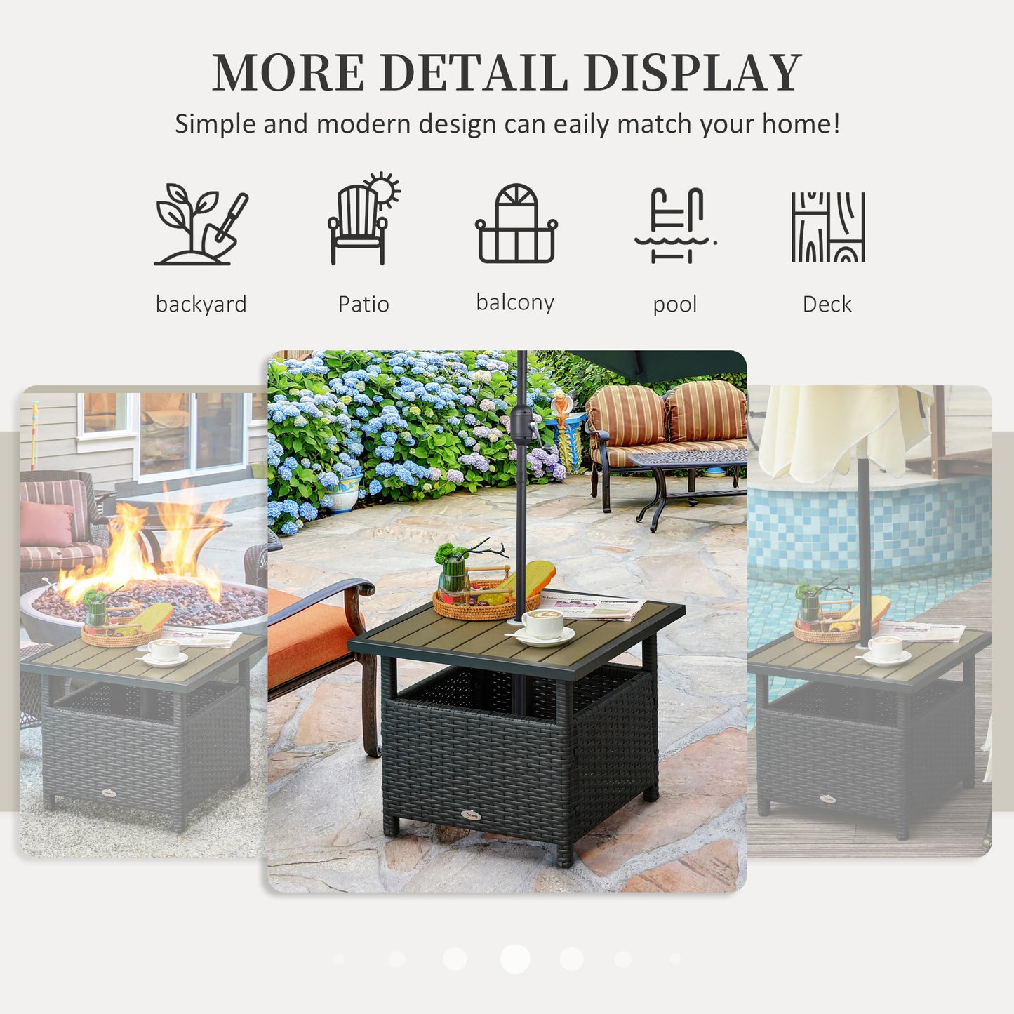 Outsunny 55cm Square Rattan Table with Umbrella Hole, Outdoor Dining Side Table, Can Be Used as an Umbrella Stand, Black