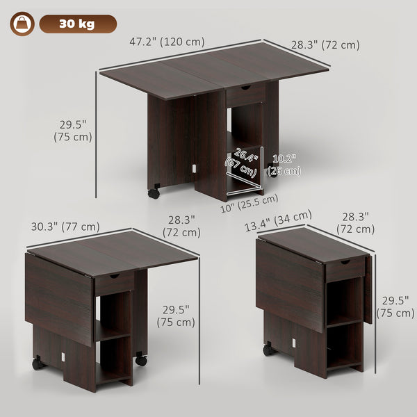 Table à manger pliante avec tiroir et étagères de rangement marron foncé