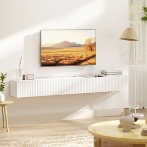71" Floating Wall-Mounted TV Unit for TVs up to 72 inches, Multimedia Console with 2 Fluted Drop-Down Doors, Cable Management, White