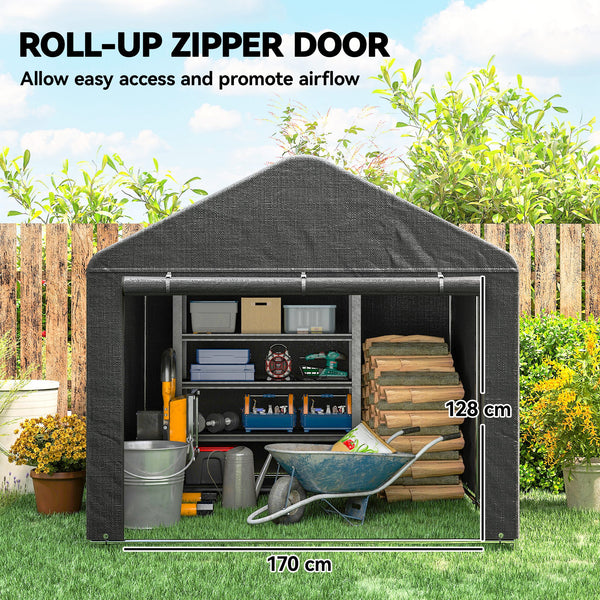 Waterproof portable garden shed with roll-up zip door, dark grey