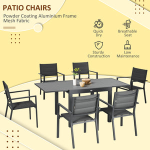 Ensemble de salle à manger de jardin 7 pièces pour 6 personnes, table d'extérieur extensible en aluminium, chaises empilables à dossier haut, gris foncé