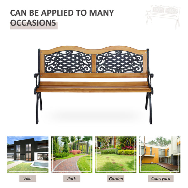 Two-seater outdoor garden bench, wooden and metal frame with a backrest adorned with plastic patterns, natural wood