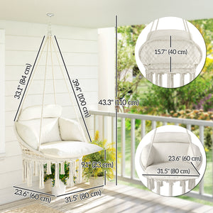 Boho Hammock Chair Swing Hanging Chair with Cushion, Chain, Steel Frame for Indoor Outdoor Bedroom Patio Balcony, Cream