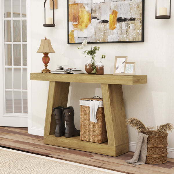 Table console style ferme à 2 niveaux avec rangement, couleur chêne
