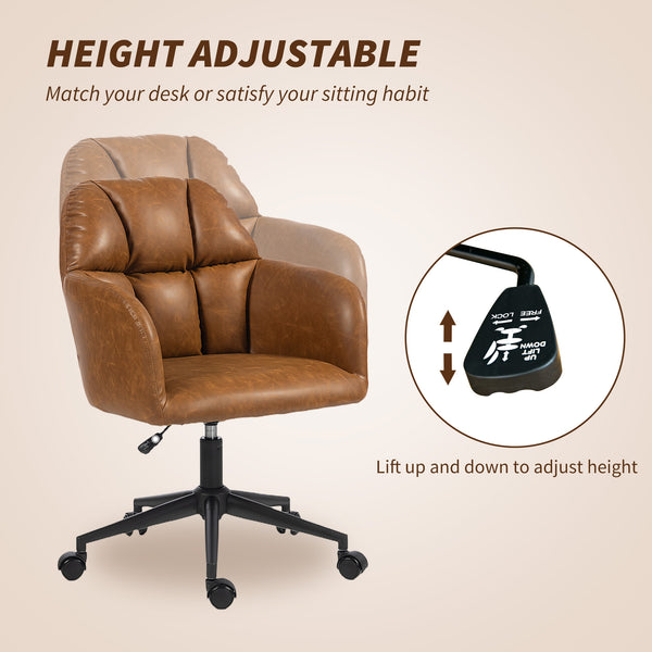 Adjustable height swivel office chair in faux leather, brown