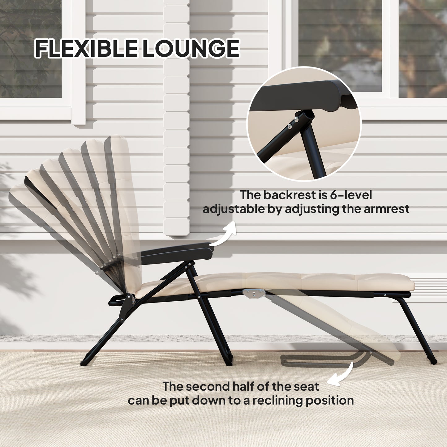 Chaise longue inclinable avec dossier réglable sur 6 positions, beige