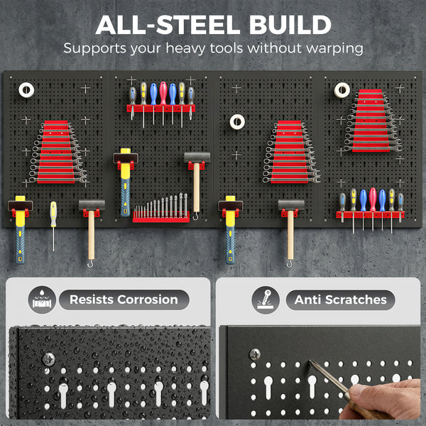 Organisateur mural d’outils en acier avec 4 panneaux, 12 supports et 22 crochets – Noir et rouge