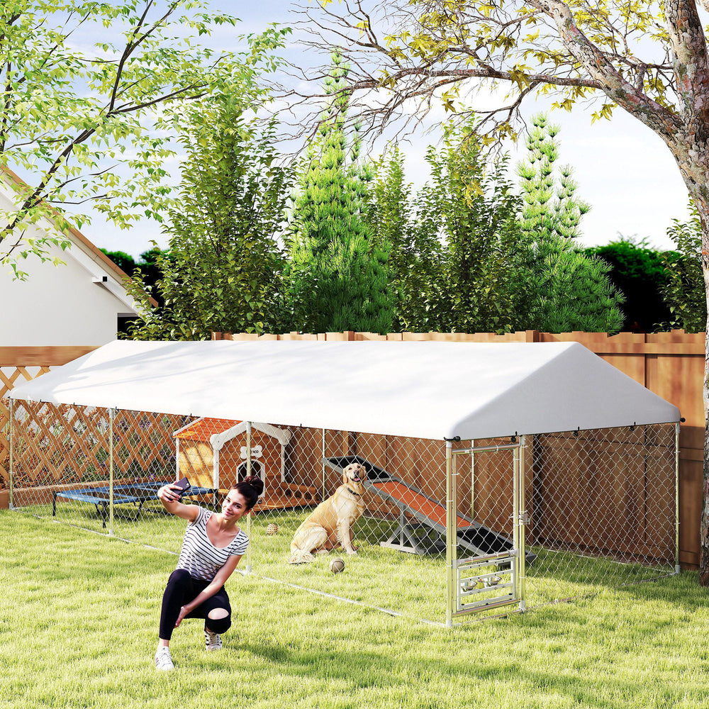 Outdoor Dog Run w/ Adjustable & Rotating Bowls, Water-Resistant UV-Resistant Cover, Secure Lock, 19.7' x 7.5' x 5.2'