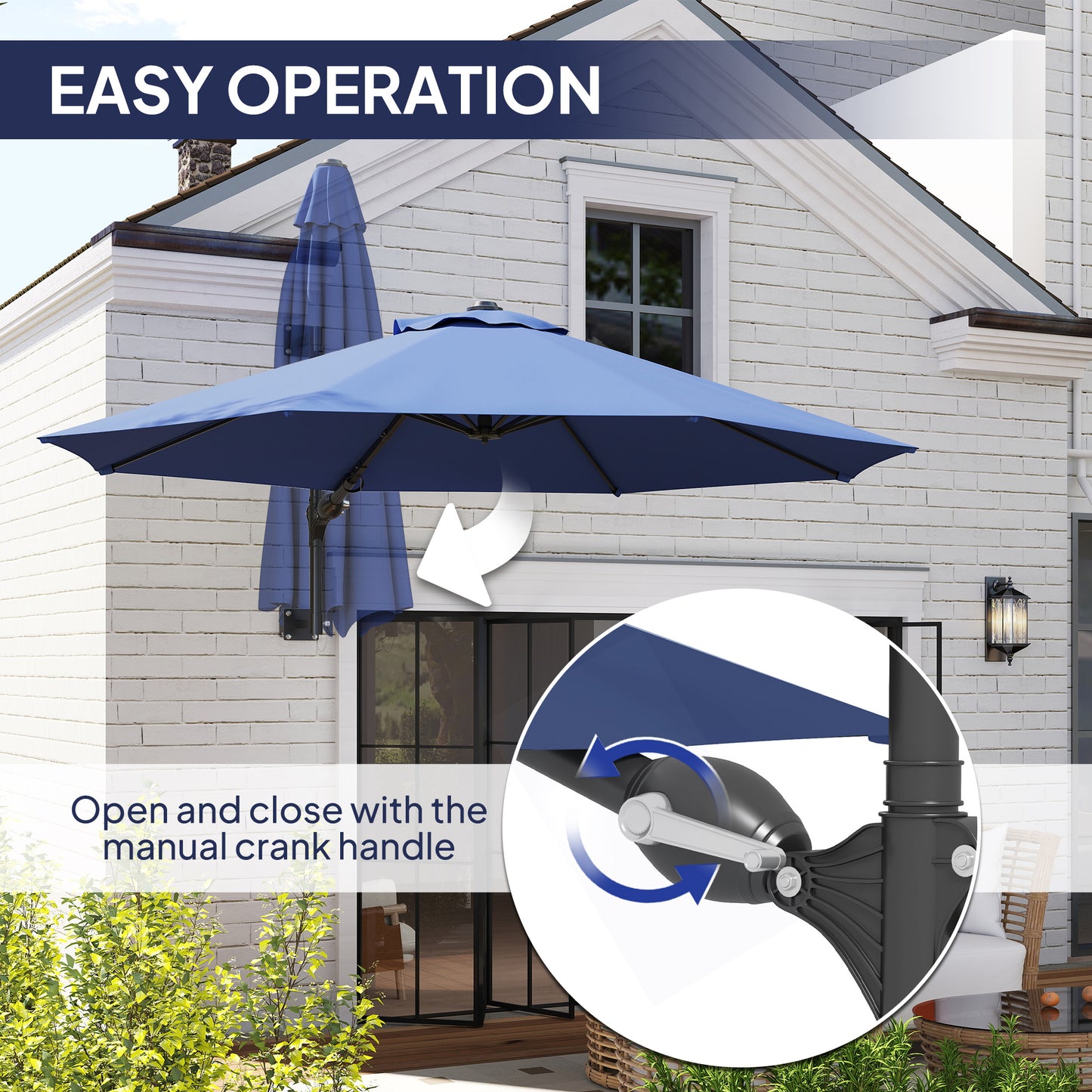 Parasol mural 9,6 x 9,6 pi avec manivelle, bleu foncé