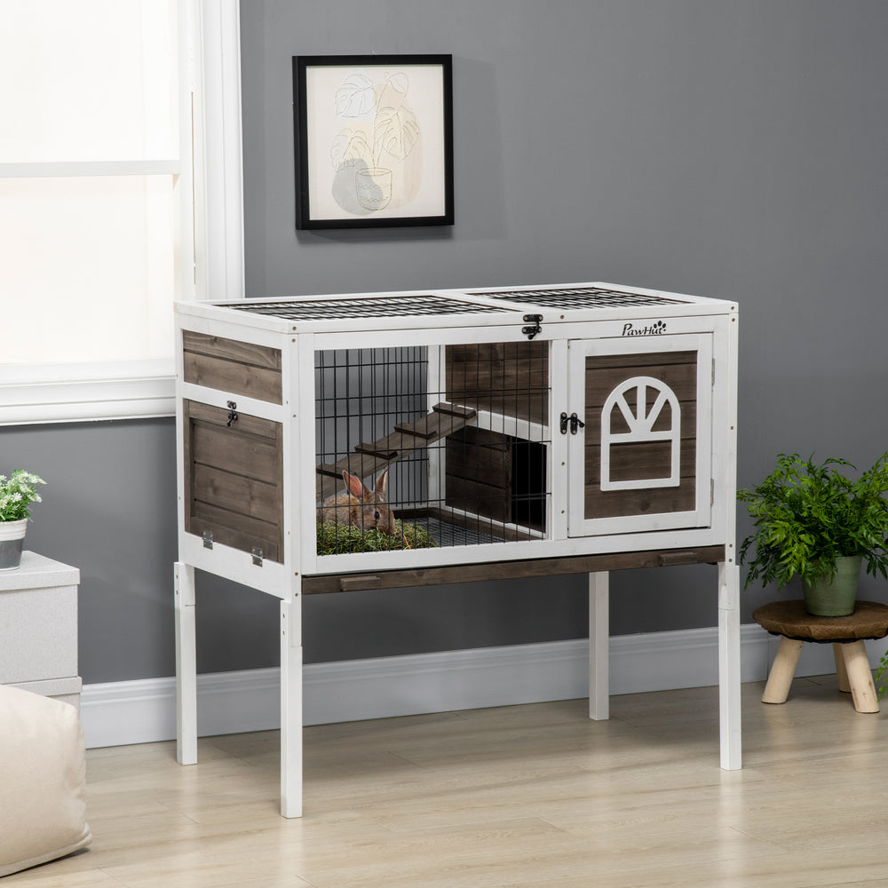 Clapier à double hauteur avec enclos et plateau coulissant, blanc et café