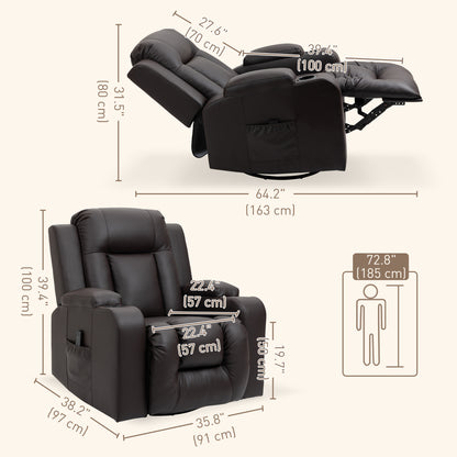 Fauteuil inclinable pivotant à 360° en cuir avec vibrations et porte-gobelets pour salon, marron