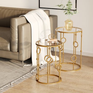 Lot de 2 tables basses rondes dorées avec plateau en verre trempé