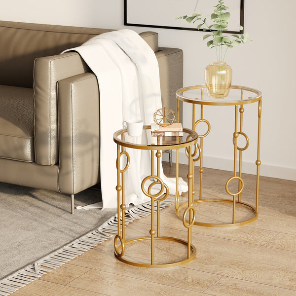 Lot de 2 tables basses rondes dorées avec plateau en verre trempé