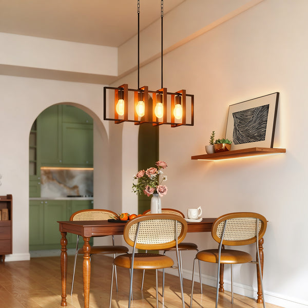 Luminaire suspendu linéaire style ferme, avec 4 abat-jour rotatifs et hauteur réglable, finition noyer