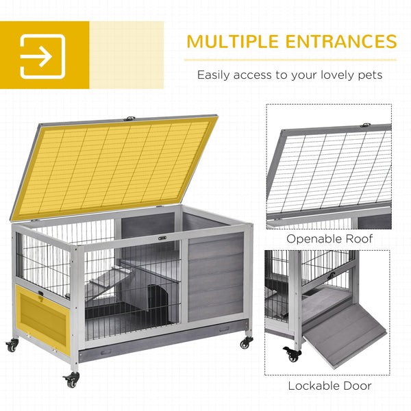 Indoor wooden hutch with enclosed run and wheels