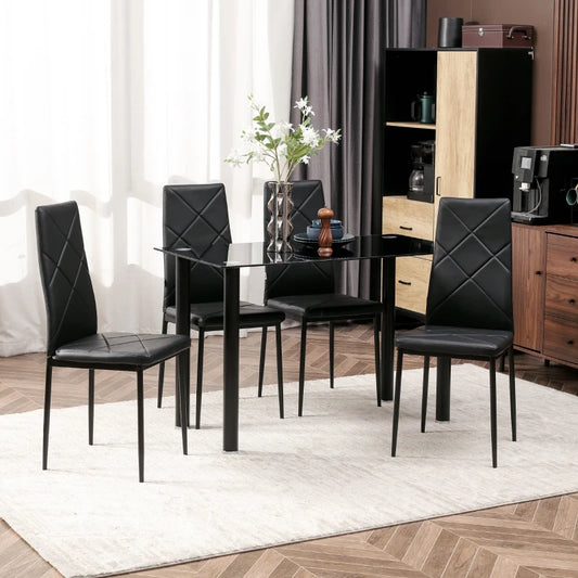 Ensemble table et chaises pour 4 personnes, table en verre, assise rembourrée et cadre en acier