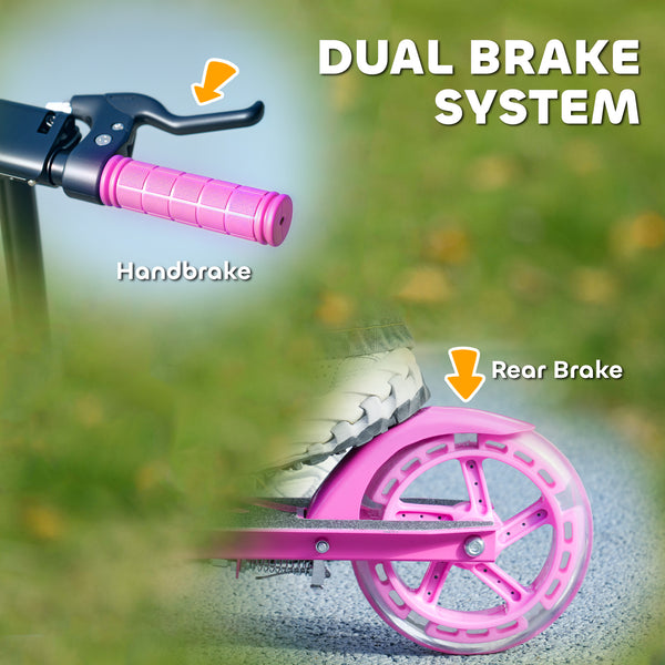 Scooter for children aged 3 to 8 years with light-up wheels, adjustable handlebars, rear brake and handbrake, pink